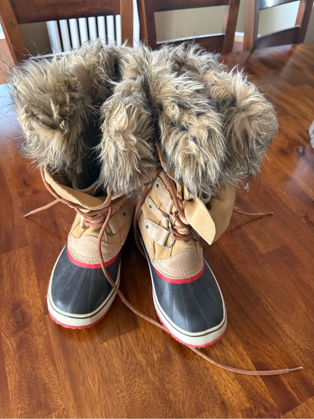 Sorel Women's Tan, Black & Red Winter Snow Boots with Faux Fur Cuff